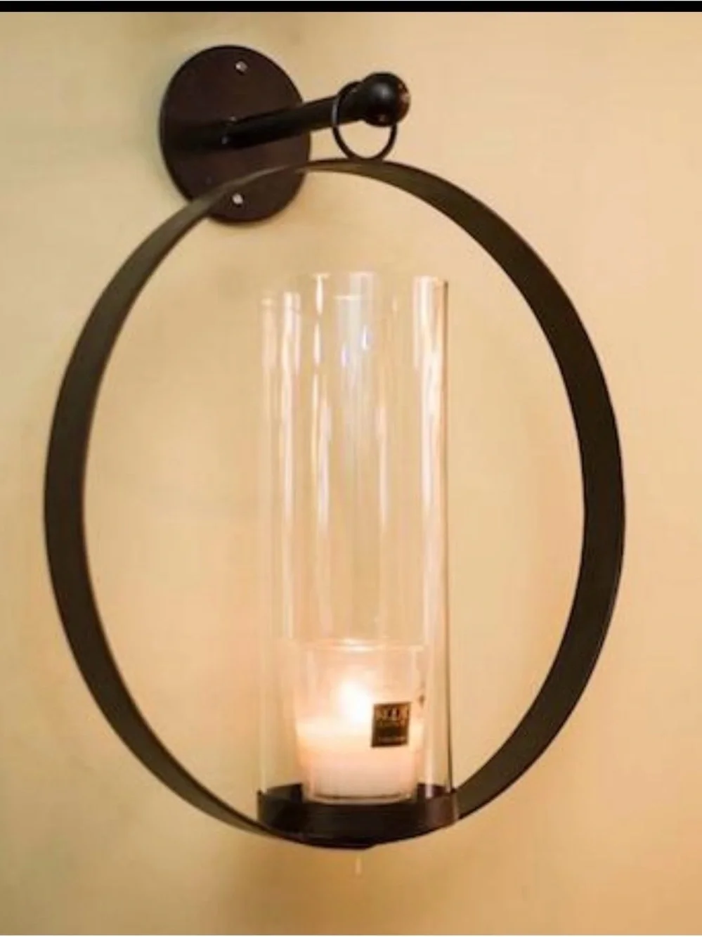 Pottery Barn Pair Black Metal Ring Wall Lantern with Glass Hurricane Sconces